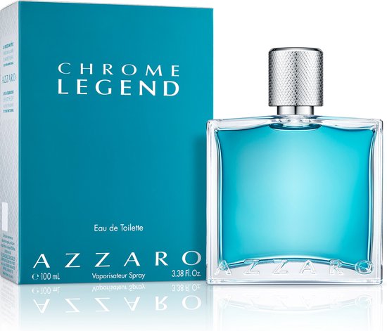 Een Azzaro Chrome Legend Eau de Toilette 100 ml fles en doos op een witte achtergrond.