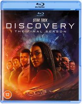 De voorkant van de blu-ray hoes van Star Trek: Discovery, de laatste seizoen, met een groep personages.