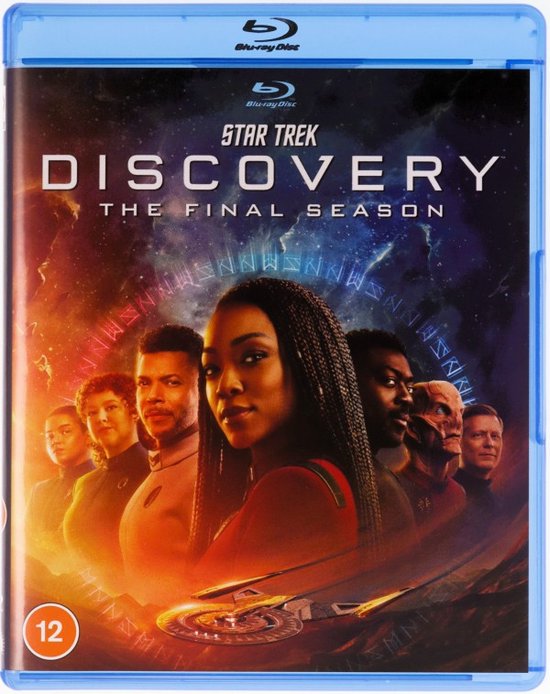 De voorkant van de blu-ray hoes van Star Trek: Discovery, de laatste seizoen, met een groep personages.