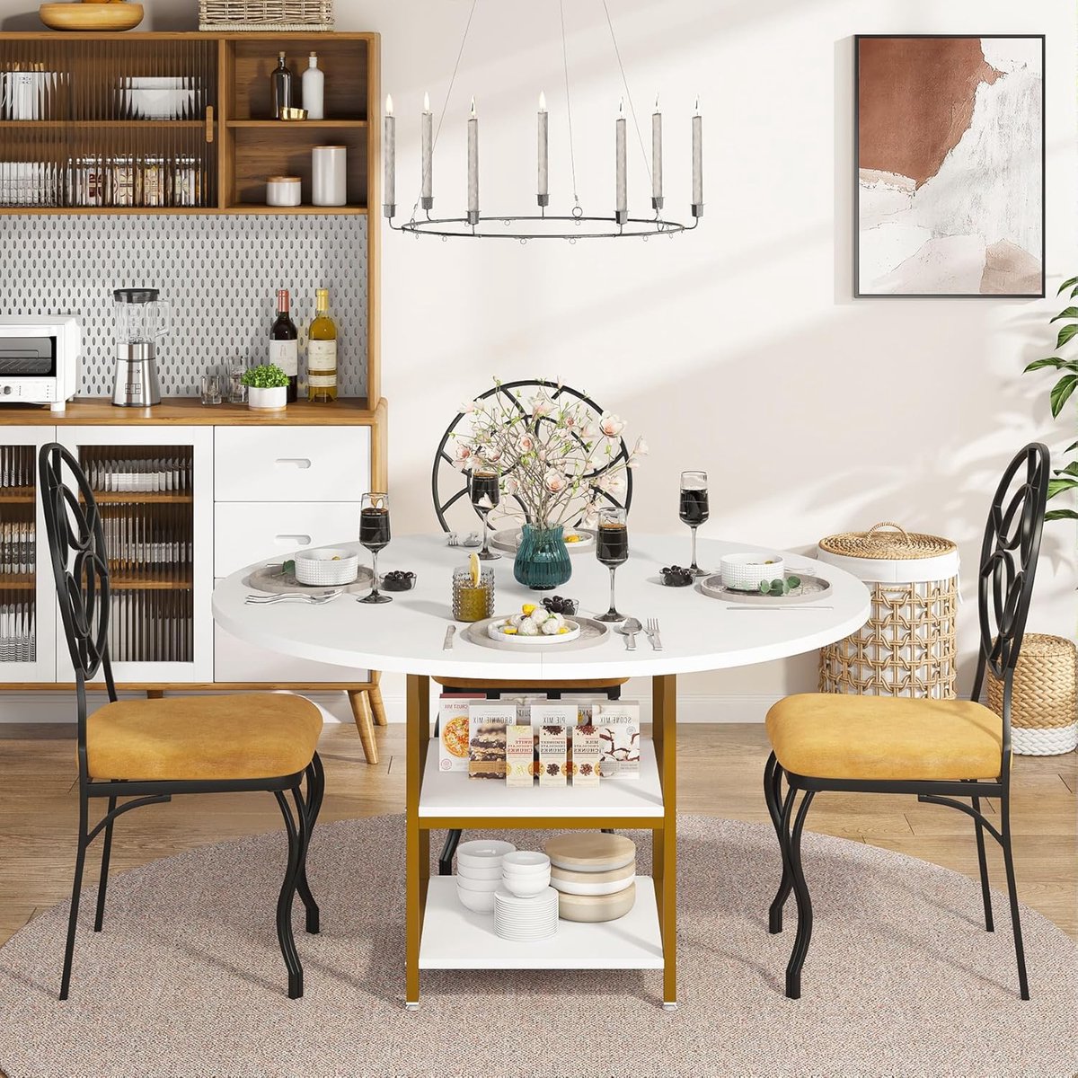 Tribesigns Eettafel Rond - 120cm Ronde Tafel - Wit en Goud - Boerderijkeukentafel met Metalen Onderstel - Moderne Kleine Eettafel van Massief Hout voor Eetkamer, Keuken, Woonkamer – foto 2