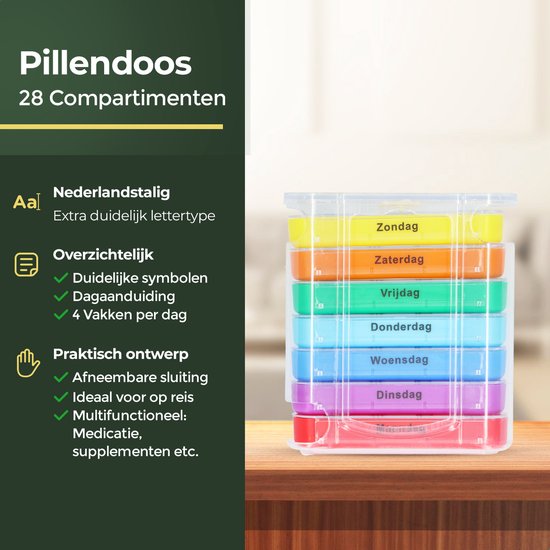 Gandria Pilulier 7 Jours - Pilulier Amovible - Boîte à Médicaments Empilable avec 28 Compartiments - Boîte à Médicaments avec Fermeture Robuste - 4 Compartiments par Jour - 7 Couleurs