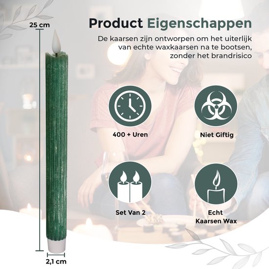 Mosgroene, geribbelde LED-kaars van 25 cm, met icoontjes voor 400+ uren, niet giftig, set van 2, echte kaarswax.