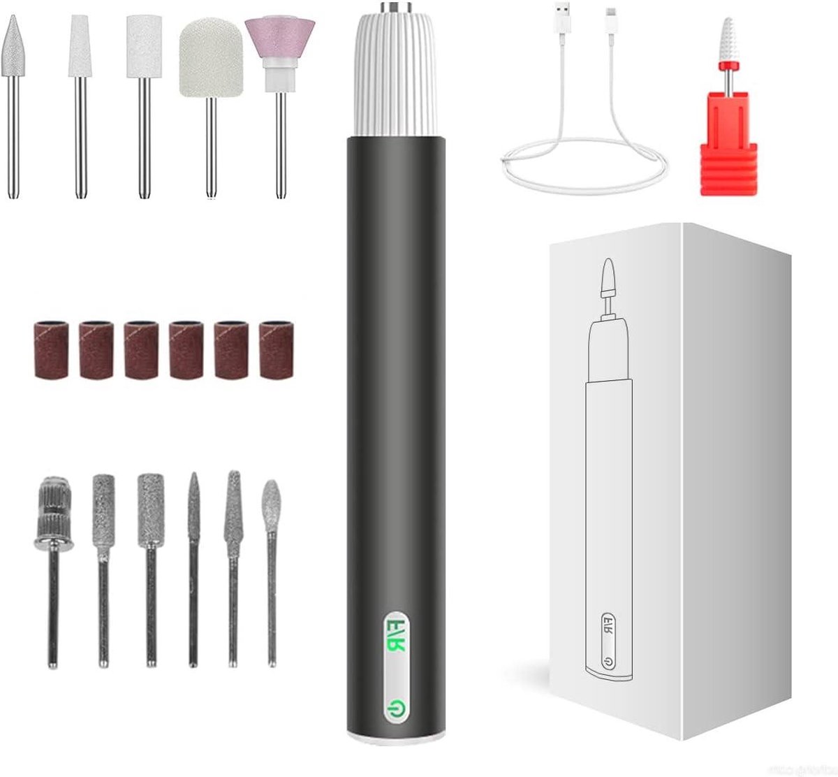Goedkoopste Elektrische nagelvijl voor pedicure - Manicurevijl met 10 hoogwaardige nagelverzorgingsopzetstukken - Ledlicht - Traploze snelheidsregeling (zwart