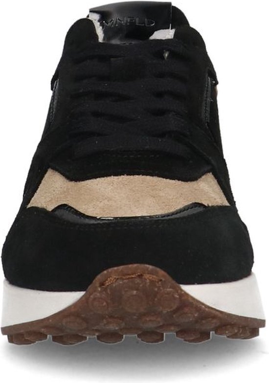 Manfield Dames Zwarte suède sneakers met lakleren details