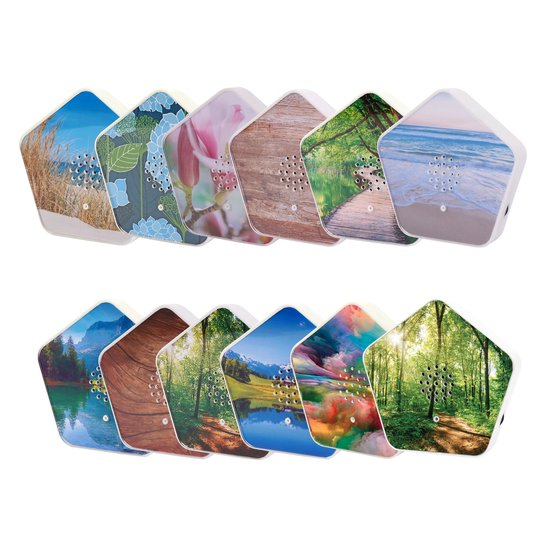 Tien Olymp Sounds of Nature Boxen met diverse covers: strand, bloemen, bos, houtnerf, berglandschap en strand met duingras.