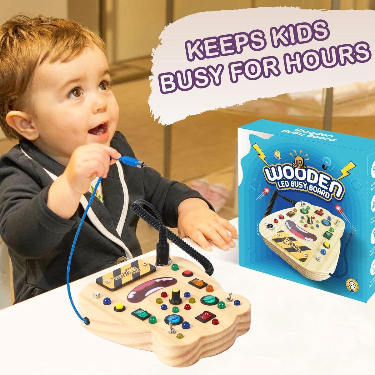 Tableau d'activités Montessori avec 10 lumières LED, tableau de commutation pour tout-petits, jouet en bois pour bébé, bouton sensoriel pour bébé et enfants