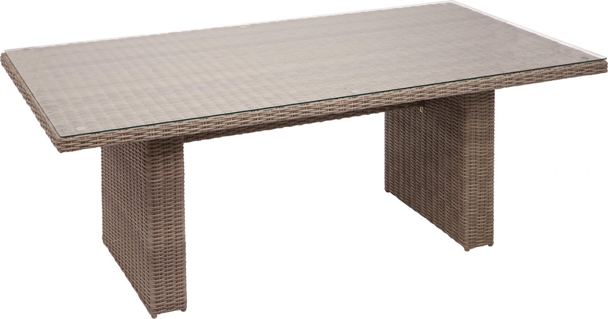 Poly rotan lounge set met beige kussens en grijs halfrond rotan.