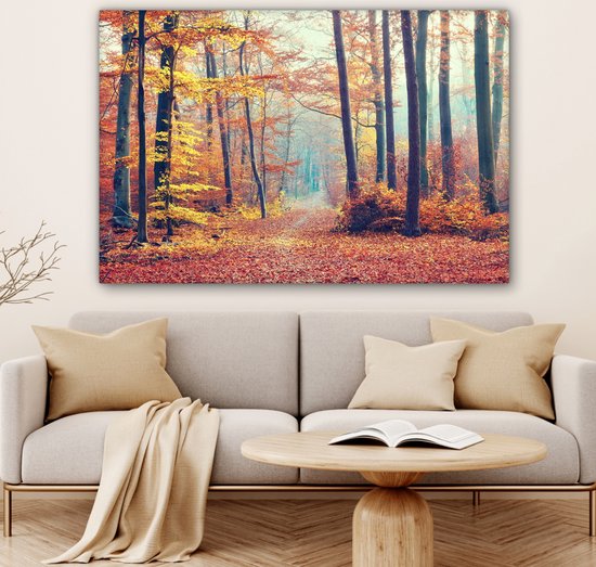 Toile Peinture Forêt - Automne - Feuilles - 120x80 cm - Décoration murale