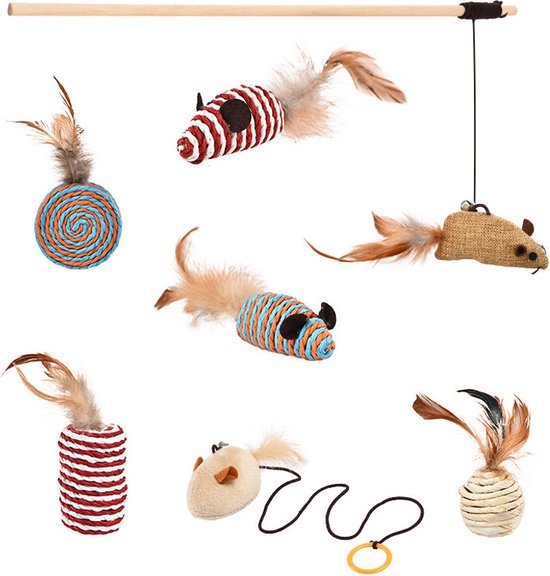 SRIZIAN 8 stuks kattenspeelgoed met belletjes, speelgoed voor katten, teaser-veren, navulverpakking met belletjes, speelspeelgoed voor de sportschool voor kittens of katten