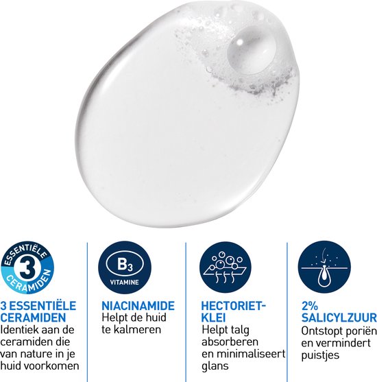 Close-up van een druppel reinigingsgel met bubbels. Iconen van ceramiden, niacinamide, hectorietklei en salicylzuur.