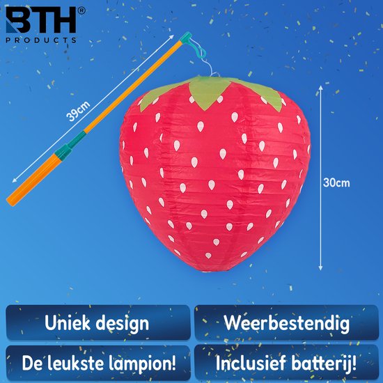 Lampion - Sint Maarten - Lampionstokje - Met Lichtje - Aardbei - Treklampion - Papier - Kind - Rood - Versiering - 1 Stuk — afbeelding 2