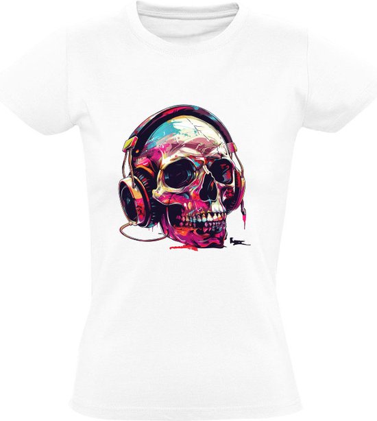 Schedel muziek Dames T-shirt - schedel - skellet - headset - koptelefoon - muziek