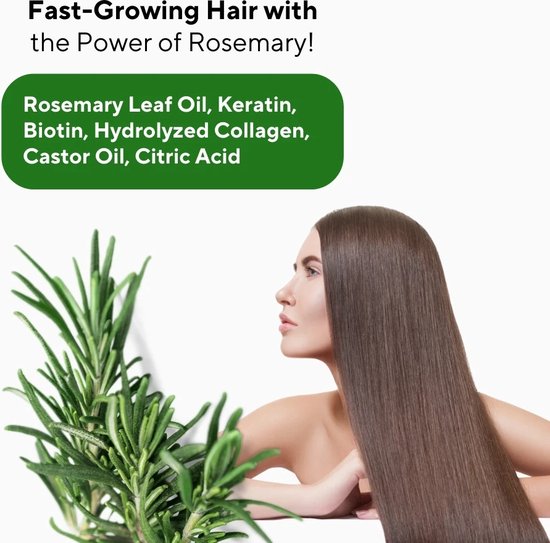 Vrouw met lang, steil bruin haar naast een takje rozemarijn. Tekst: 'Fast-Growing Hair with the Power of Rosemary!'