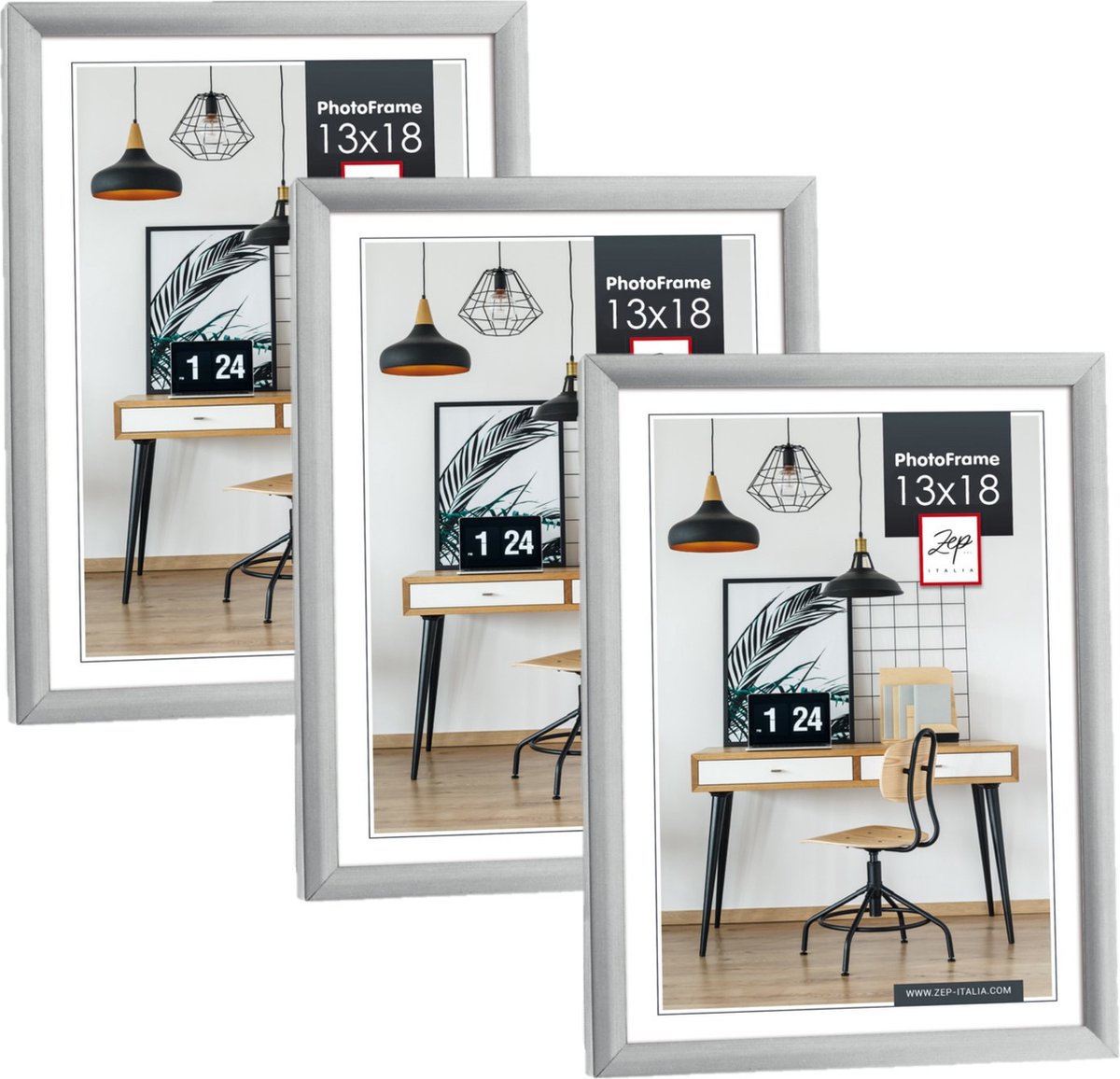 Zep Fotolijst - 3x stuks - zilver - kunststof - voor foto van 13 x 18 cm - staand / hangend