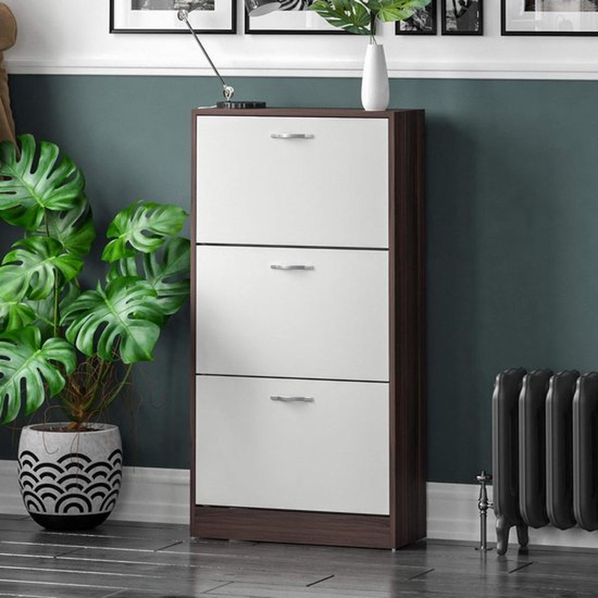 PolkaHome 3-laden uitschuifbare houten schoenenkast organizer walnoot en wit