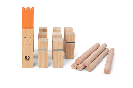 Jeu de Kubb en bois avec 1 roi, 6 bâtons, 5 pions à rayure bleue et 1 pion avec visage et couronne orange.