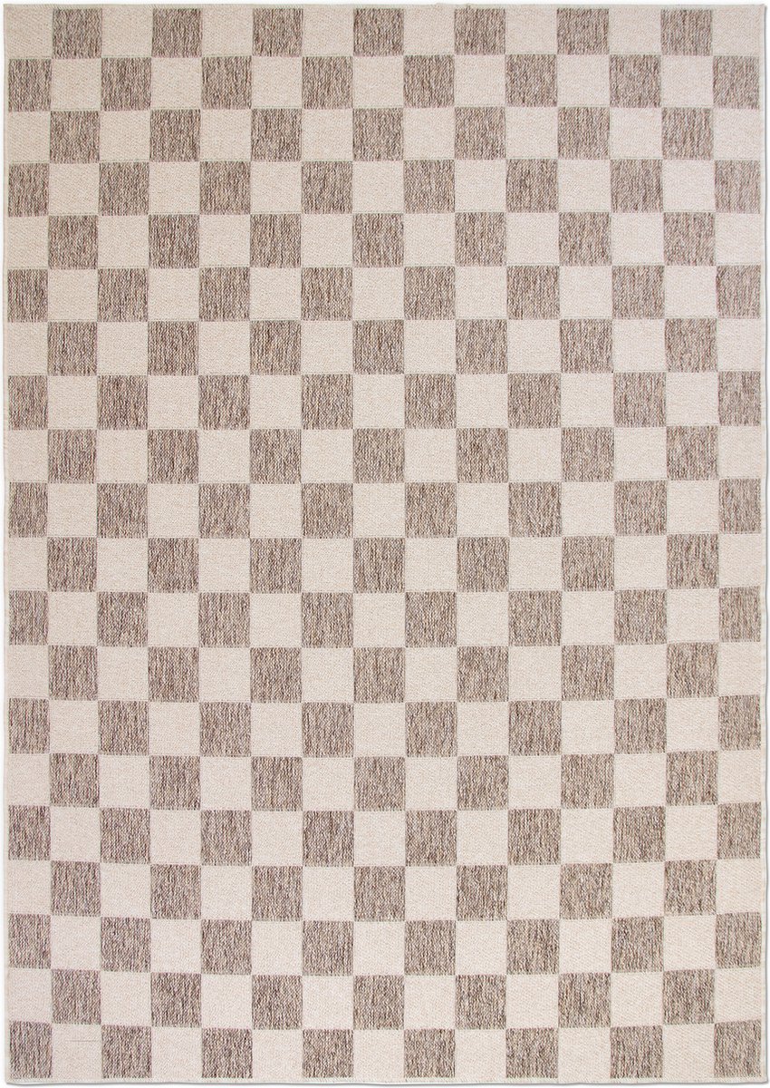 Vloerkleed voor binnen en buiten, Antislip - Dambord Creme Taupe - 240cm x 330 cm - Balkon Terras Keuken, UV- en Weersbestendig, Modern Tuintapijt