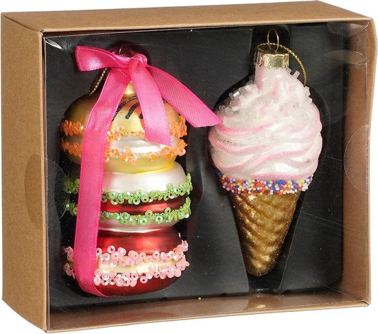 House of Seasons Kersthangers macaron en ijsje - 2x st - glas - 14 x12 x 5,5 cm - kerst