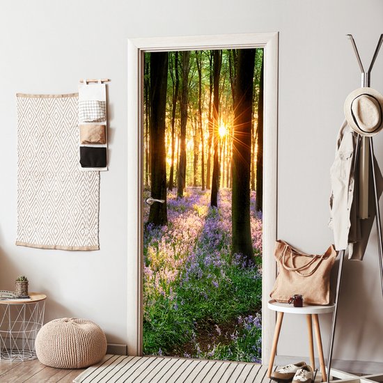 Sticker pour porte Forêt - Fleurs - Lavande - Soleil - Violet - Nature - 80x205 cm - Affiche de porte