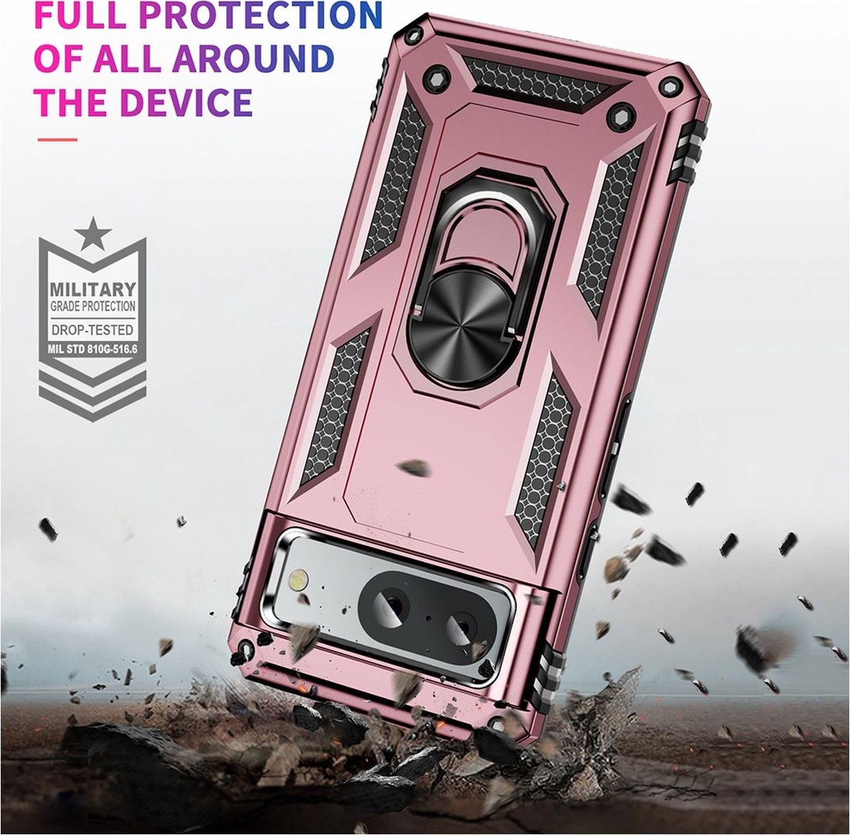 Mobigear Hoesje geschikt voor Google Pixel 8a Telefoonhoesje Hardcase | Mobigear Armor Ring Backcover Shockproof met Ringhouder | Schokbestendig Pixel 8a Telefoonhoesje | Anti Shock Proof - Roségoud