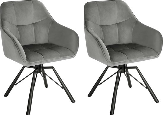 KTN® - Lot de 2 Chaises de salle à manger - Assise pivotante à 360 degrés - Dossier - Accoudoir - Fauteuil - Chaises de salon - Sièges baquets - Velours - Tissu velours - Assise rembourrée - Pieds en métal - Grijs