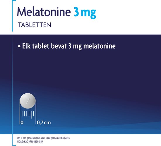 Tablet van 3mg melatonine met een doorsnede van 0,7 cm.