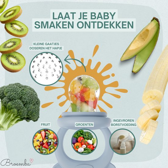 Illustratie toont het vullen van de blauwe fruitspeen met fruit, groente en moedermelk. Kiwi, banaan en broccoli te zien.