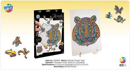 Grafix Set de Puzzles en Bois 6 Pièces - Puzzles Animaux pour Enfants et Adultes - Éléphant, Hibou, Lion, Licorne, Tortue, Tigre - Pièces de Puzzle Uniques - Cadeau Idéal