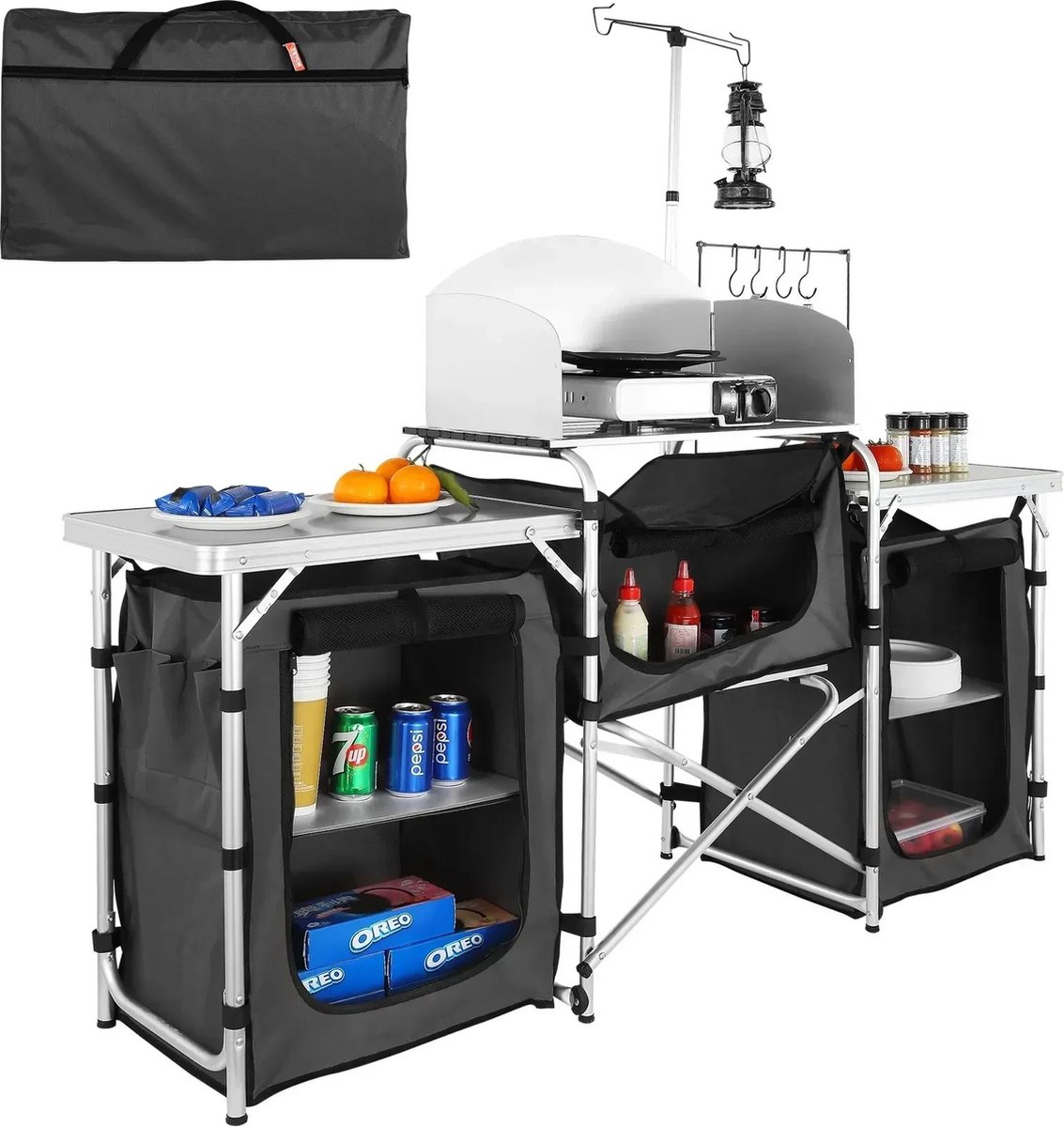 Mygroot - Campingkeuken - Buitenkeuken - Inklapbaar - 174x110x46cm - Campingkast - Incl. Opbergtas - Buitenkooktafel met opbergtas - Aluminium kookstation met 3 kasten - Afneembaar windscherm - Zwart