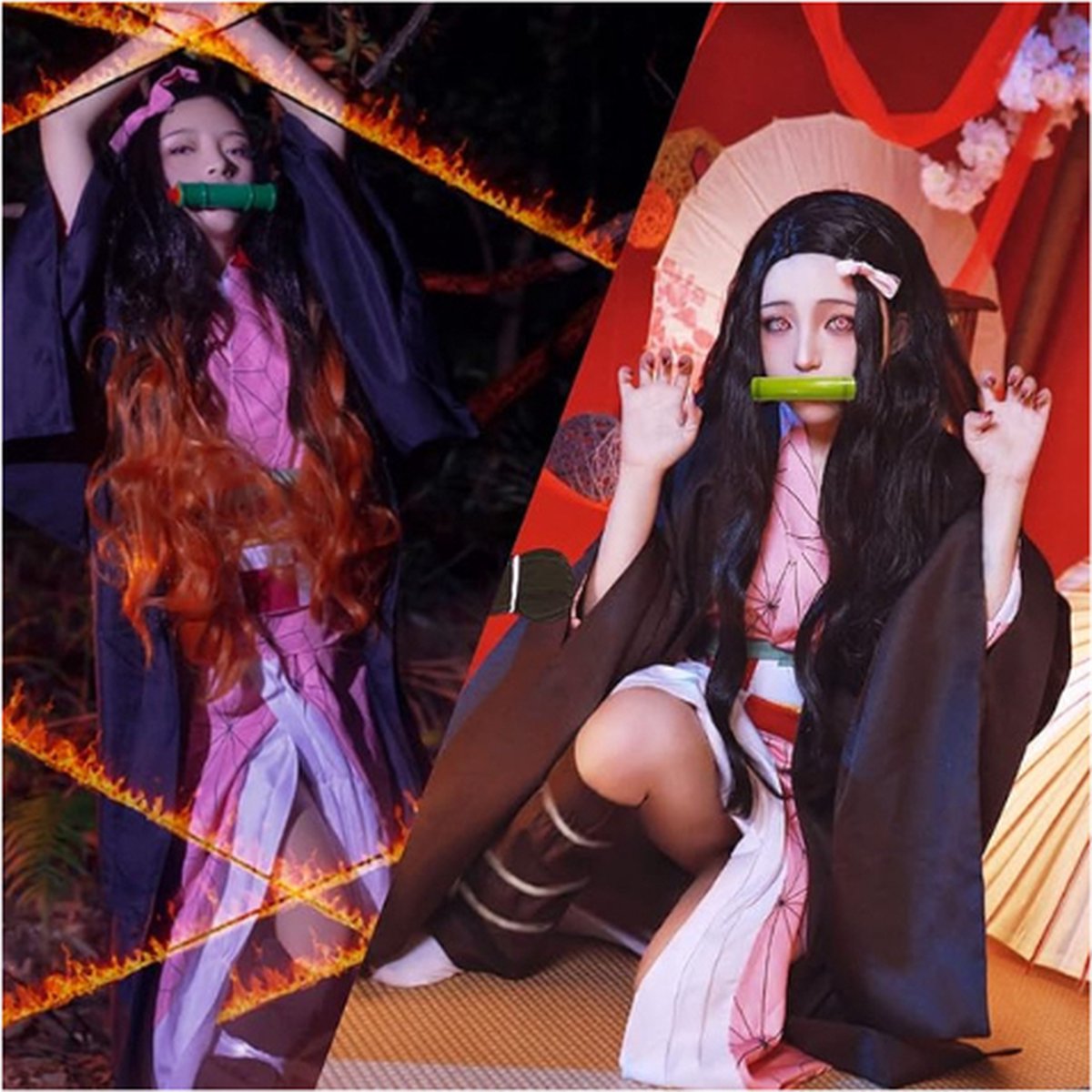 Anime Kamado Nezuko Cosplay Costume Demon Slayer Cosplay Uniforme Vêtements Kimono Perruque Accessoires Set Halloween Costume pour enfants Adulte | FR