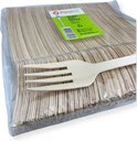 Close-up van een verpakking PomeBio houten vorken, 160 mm, gewaxt. Een vork ligt op de verpakking.
