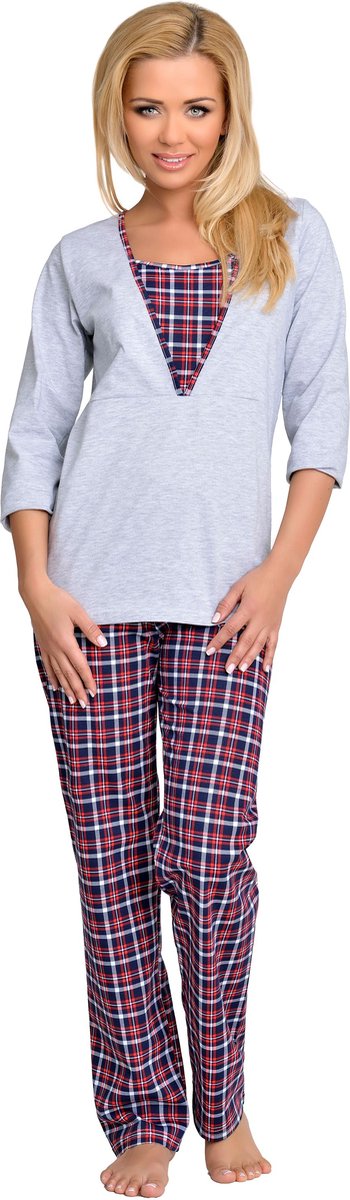 BeMammy Dames Zwangerschapspyjama - Driekwart mouw - Lange broek - Katoen - BE-TR-983 - Melange-2 - L