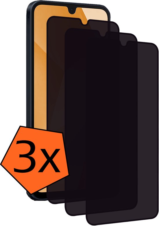 Drie donkere privacy screenprotectors op een telefoon, met een 3x aanduiding.