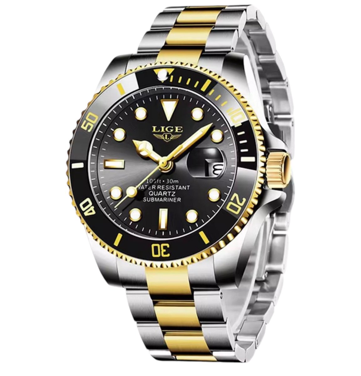 Lige - Luxe Herenhorloge - Mannen - Zilveren Polsband - Zilver, Goud en Zwart - Luxe Doos
