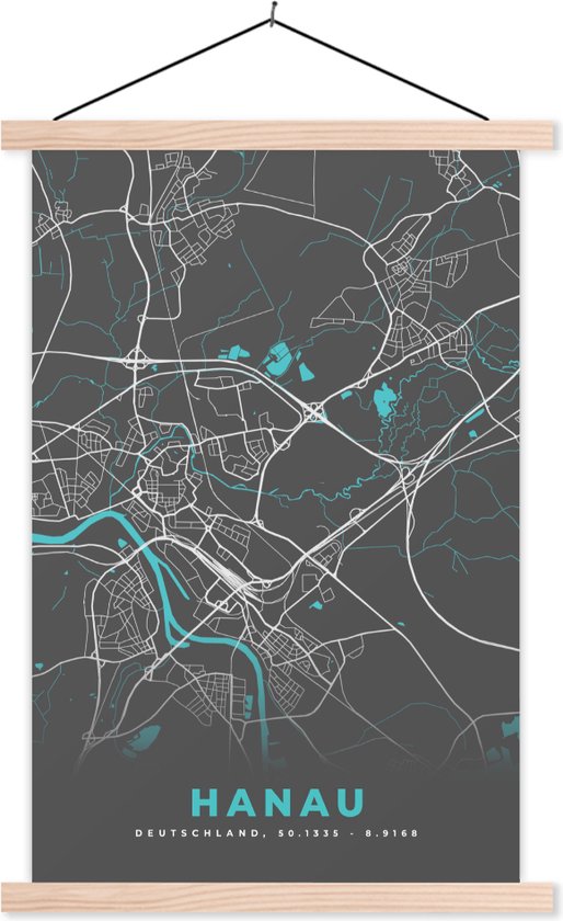 Porte-affiche avec affiche - Affiche scolaire - Hanau - Plan de la ville - Blauw - Plan d'étage - Plan de la ville - Carte - Allemagne - 40x60 cm - lattes vierges