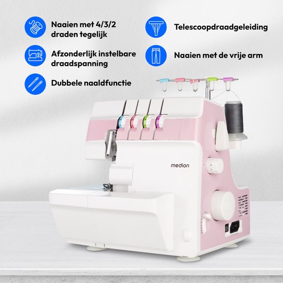 MEDION overlock naaimachine SO90 (elektrisch, 90 watt, LED-lampje, one-pass snijden, uitgebreide accessoires, MD19169) roze