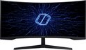 Gebogen Samsung monitor met een blauw digitaal patroon en een abstract logo.