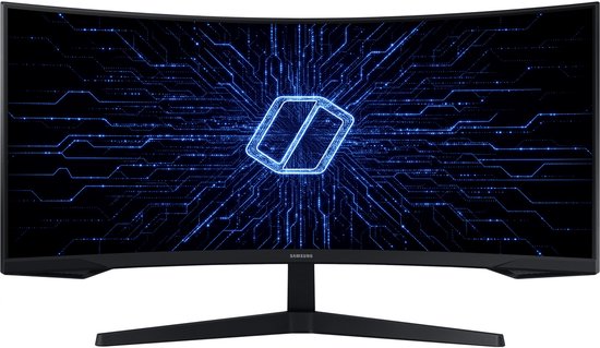 Gebogen Samsung monitor met een blauw digitaal patroon en een abstract logo.