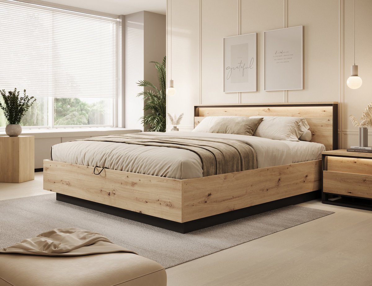 MEUBELLA Tweepersoonsbed Quarry - Eiken - 180x200 cm Bruin