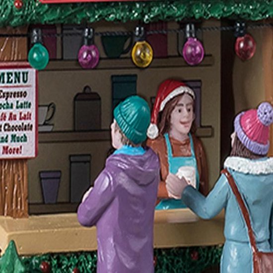 Close-up van 'Cup of Cheer' kraampje met menu, personeel en klanten. Kerst decoratie.