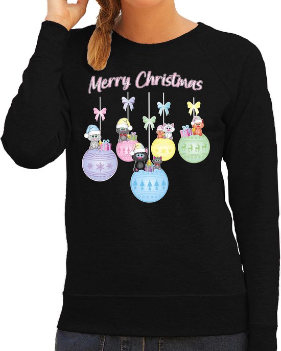 Bellatio Decorations Foute Kersttrui voor dames - kerstballen - zwart/pastel - kerstpoesjes - Merry Christmas XL