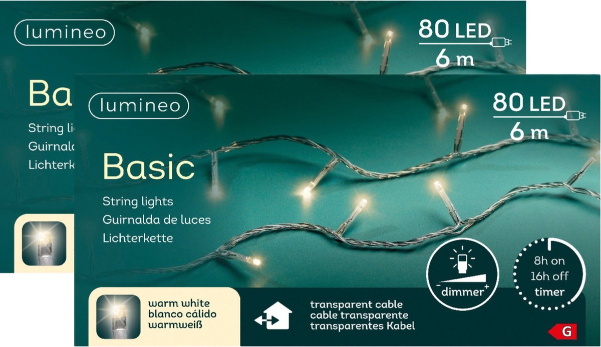 Lumineo Kerstverlichting - 2x - 80 leds -warm wit -600 cm - transparent cable - timer en dimmer