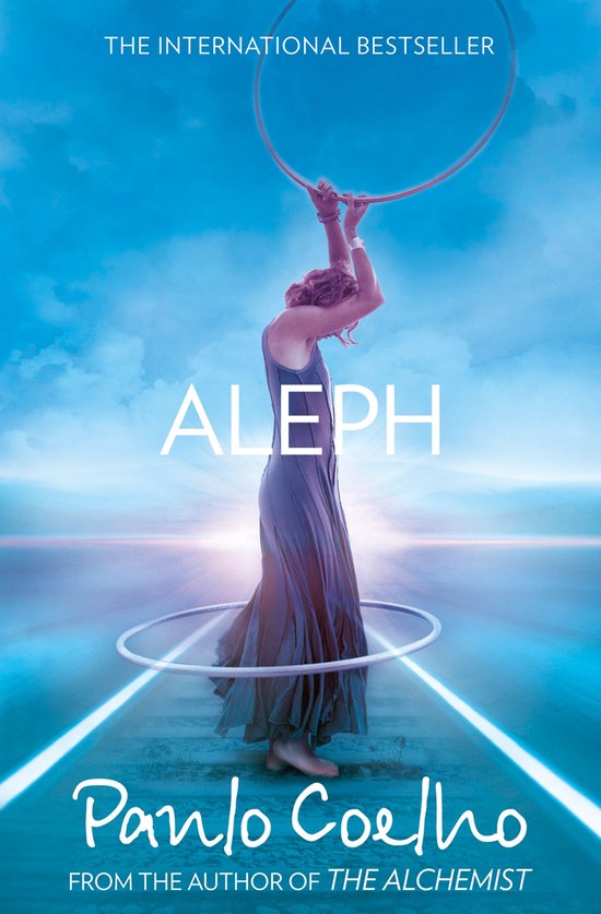 Boekomslag van Aleph door Paulo Coelho. Een vrouw met een hoelahoep in de lucht tegen een blauwe hemel.