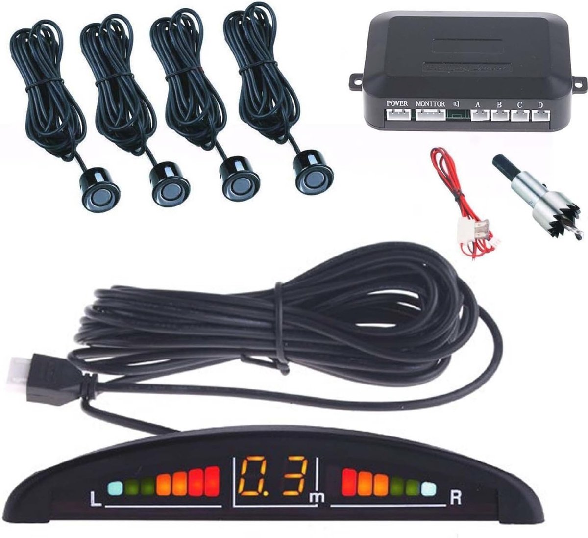 Set van 4 parkeersensoren met akoestisch LED-display - overschilderbaar - zwart
