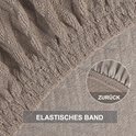 Detail van een taupe stoelhoes met elastische band en zoom.