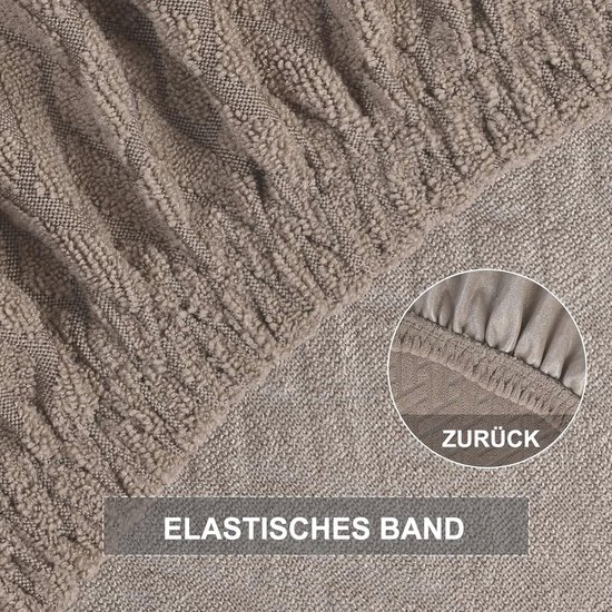 Detail van een taupe stoelhoes met elastische band en zoom.
