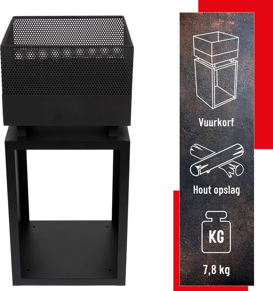 Zwarte metalen vuurkorf met een opbergrek eronder, 7,8 kg.