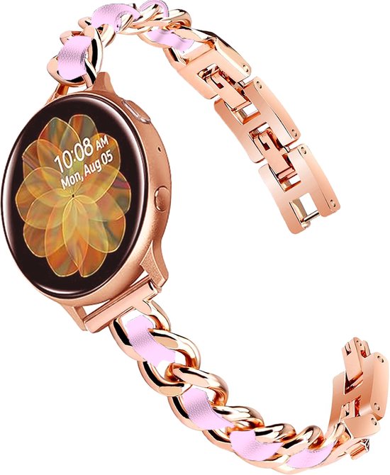 Conception de chaîne en Denim avec bracelet en cuir et métal 20 mm - Or rose/rose - Bracelet chaîne élégant, féminin, réglable et chic adapté pour Samsung Galaxy Watch 7 / 6 / 5 / Pro / 4 / 3 / Active 2 - Polar Ignite / Unite – Huawei