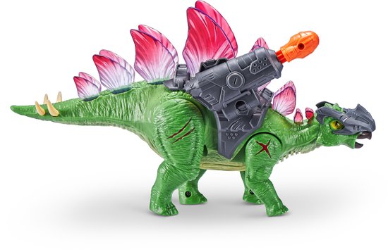 Groene Stegosaurus speelgoed dinosaurus met rode en paarse rugplaten, grijze harnas en oranje kanon.
