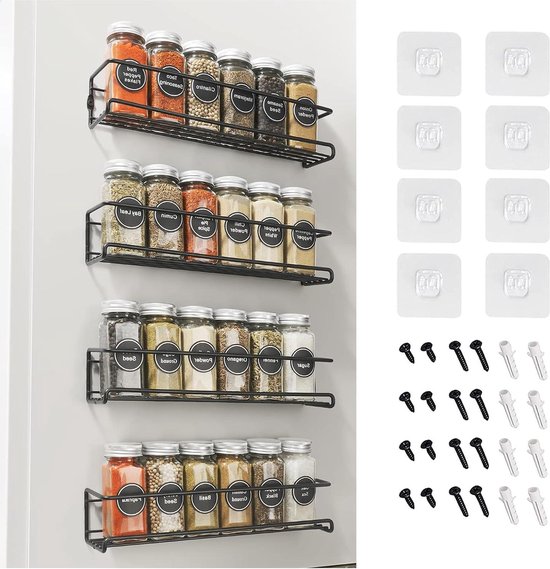Ensemble de 4 étagères à épices en métal à suspendre au mur - sans perçage - organisateur d'armoires de cuisine - étagère de cuisine murale pour épices - étagère à épices suspendue 29 x 6 x 65 cm
